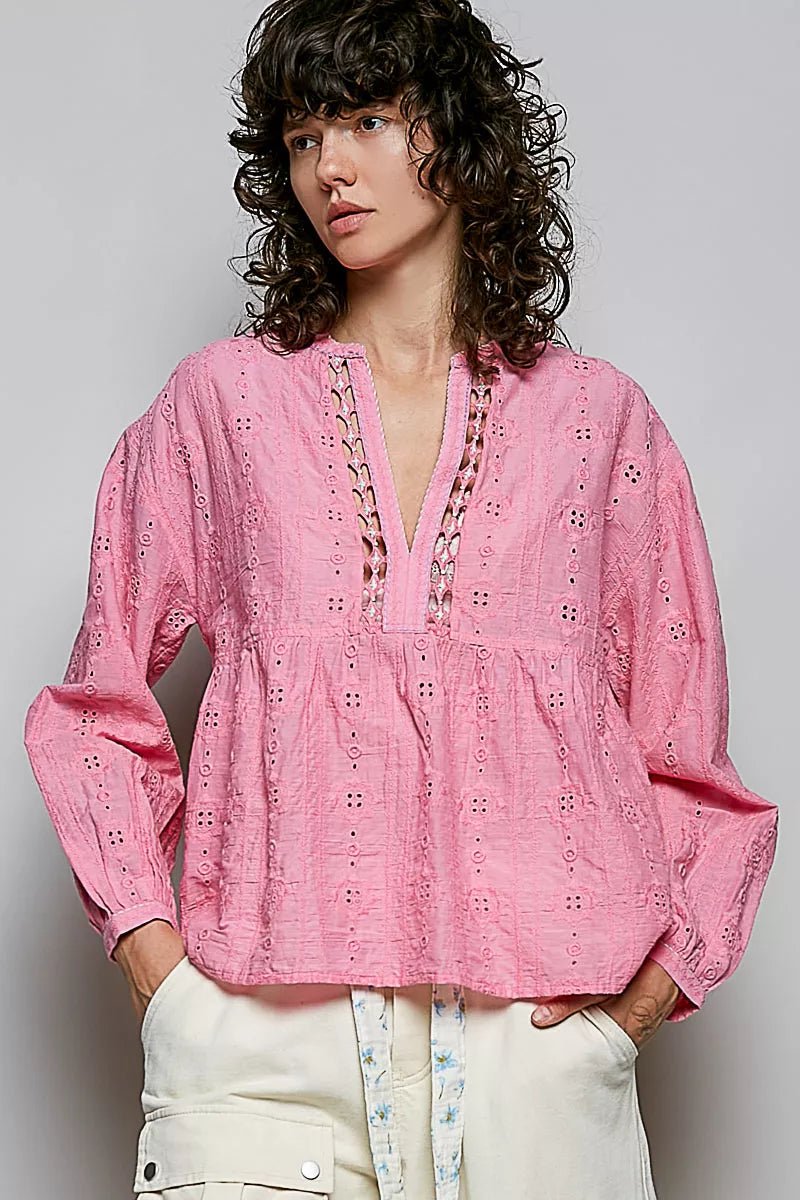 POL Eyelet Lace Split Neck Gathered Empire Waist Cotton Blouse - Che Cose Belle