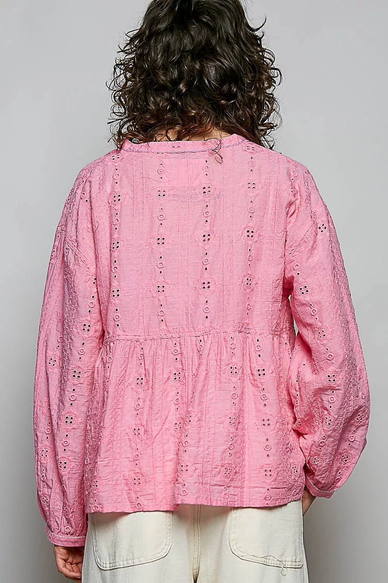 POL Eyelet Lace Split Neck Gathered Empire Waist Cotton Blouse - Che Cose Belle