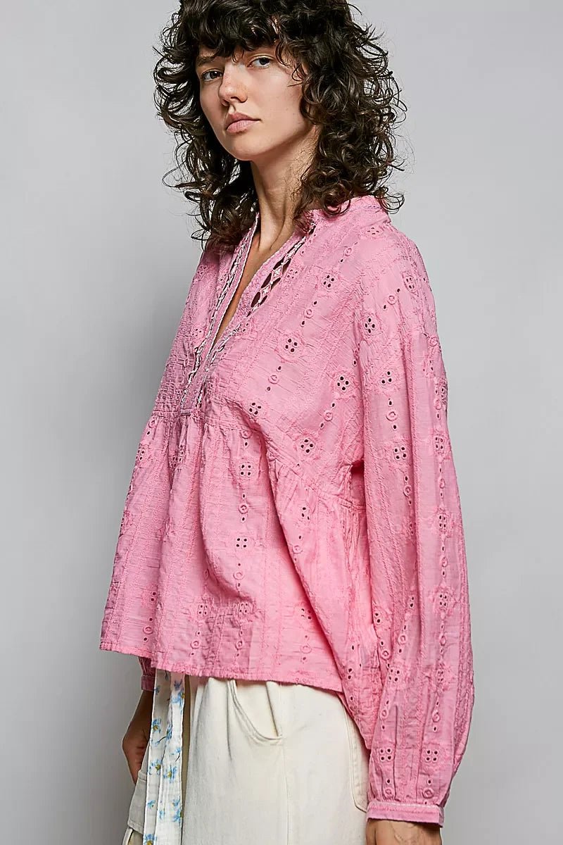 POL Eyelet Lace Split Neck Gathered Empire Waist Cotton Blouse - Che Cose Belle