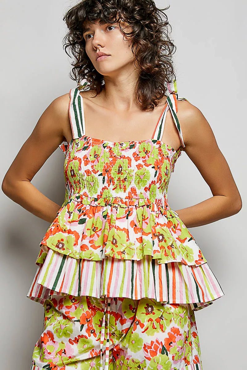 POL Floral Smocked Ruffled Cami with Tie Shoulder Straps - Che Cose Belle