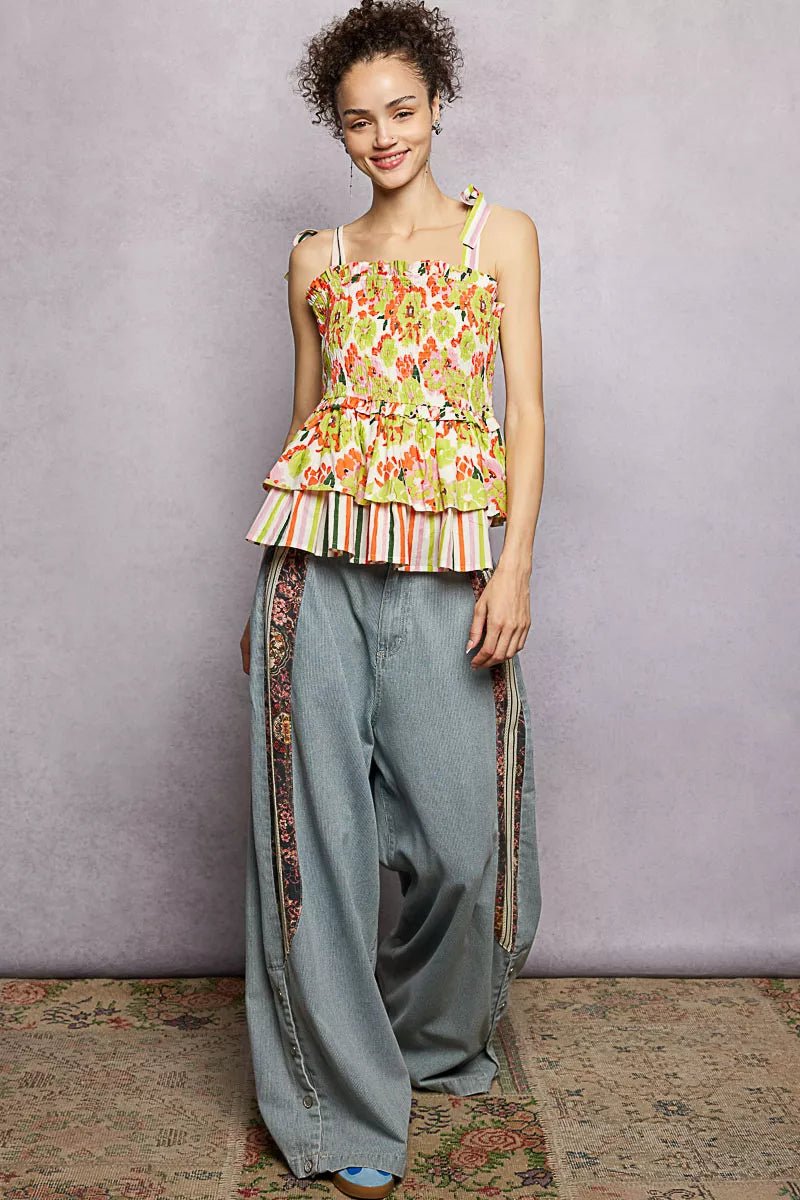 POL Floral Smocked Ruffled Cami with Tie Shoulder Straps - Che Cose Belle