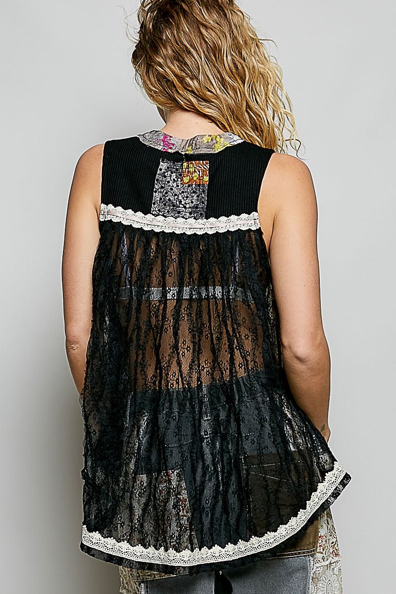 POL Floral V-Neck Sheer Tank with Lace Trim - Che Cose Belle