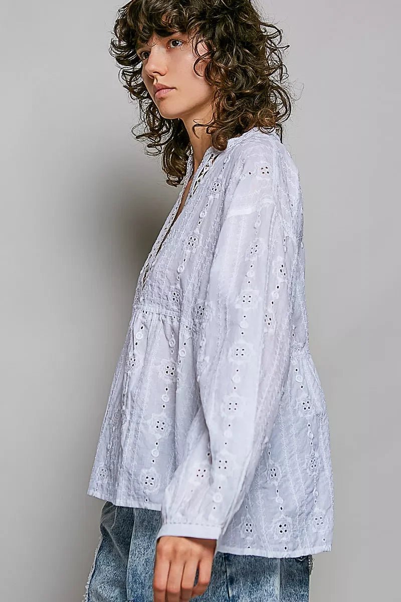 POL Lace Eyelet Long Sleeve Cotton Blouse - Che Cose Belle