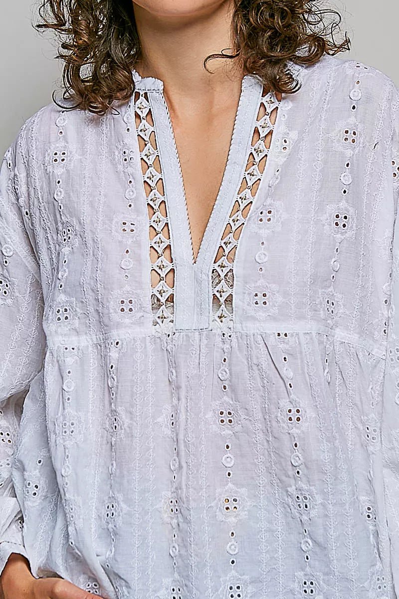 POL Lace Eyelet Long Sleeve Cotton Blouse - Che Cose Belle
