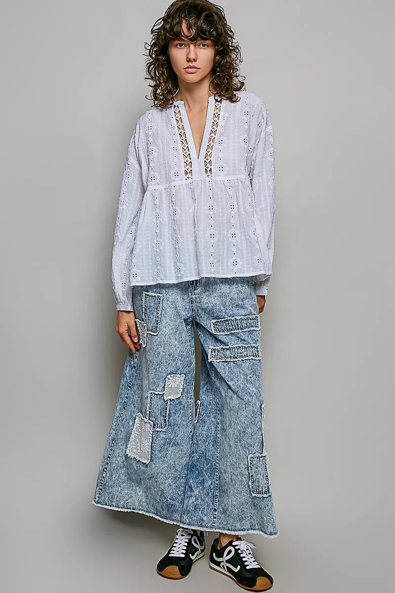 POL Lace Eyelet Long Sleeve Cotton Blouse - Che Cose Belle