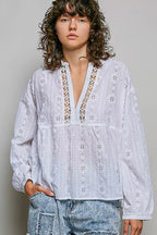 POL Lace Eyelet Long Sleeve Cotton Blouse - Che Cose Belle