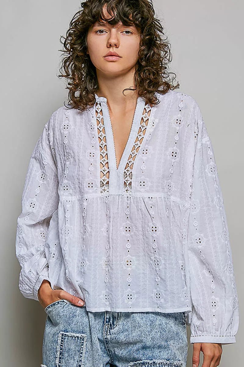 POL Lace Eyelet Long Sleeve Cotton Blouse - Che Cose Belle