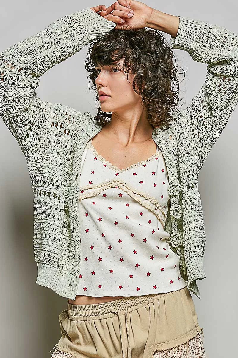 POL Open-Knit Floral Button Cardigan - Che Cose Belle