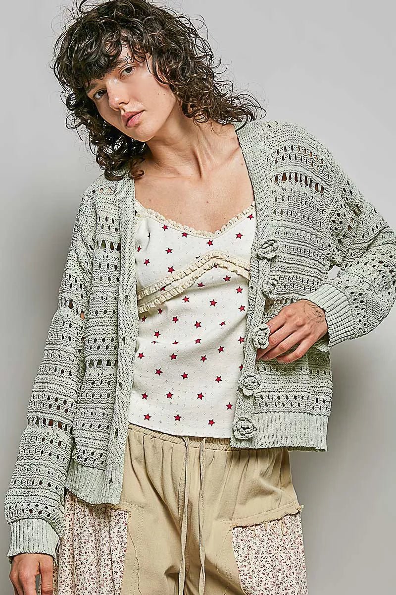POL Open-Knit Floral Button Cardigan - Che Cose Belle