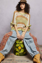 POL Openwork Lightweight Striped V - Neck Knit Top - Che Cose Belle