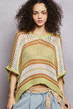 POL Openwork Lightweight Striped V - Neck Knit Top - Che Cose Belle