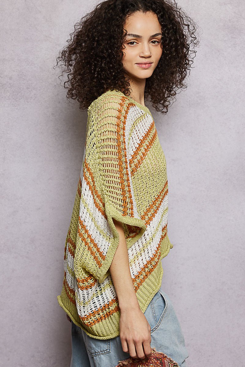 POL Openwork Lightweight Striped V - Neck Knit Top - Che Cose Belle