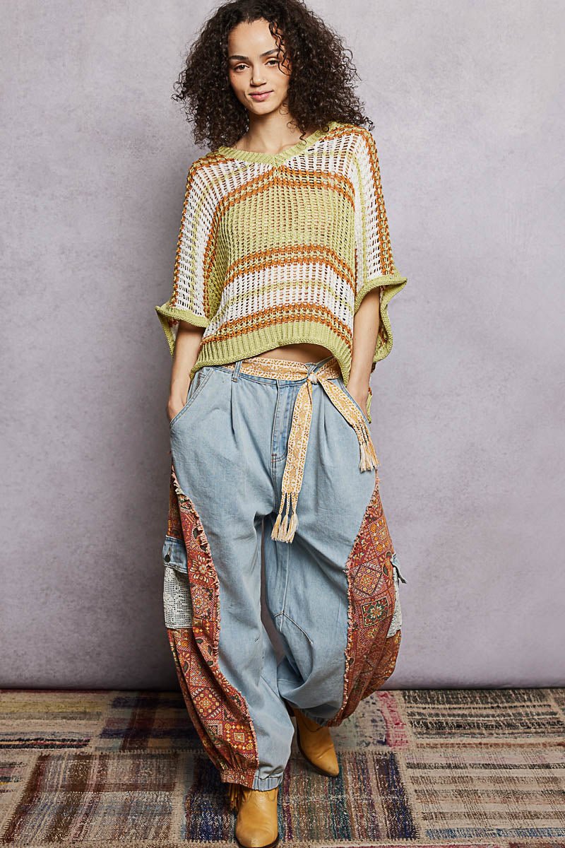 POL Openwork Lightweight Striped V - Neck Knit Top - Che Cose Belle