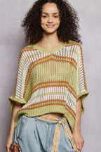 POL Openwork Lightweight Striped V - Neck Knit Top - Che Cose Belle