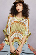 POL Openwork Lightweight Striped V - Neck Knit Top - Che Cose Belle
