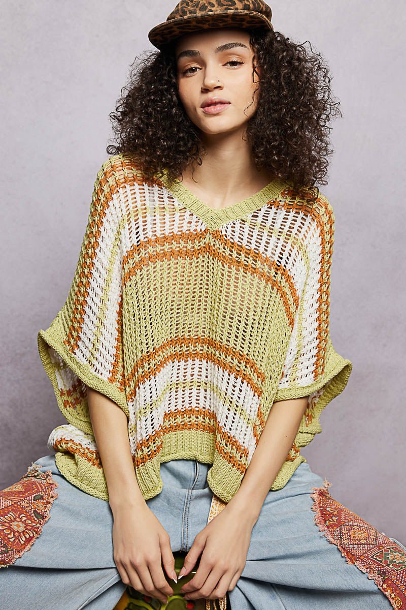 POL Openwork Lightweight Striped V - Neck Knit Top - Che Cose Belle