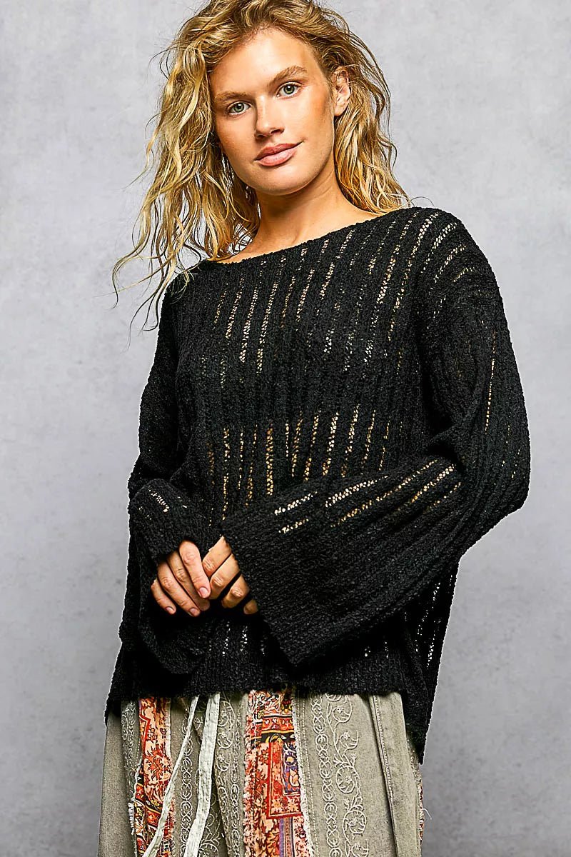 POL Round Neck Long Sleeve Open Weave Sweater - Che Cose Belle