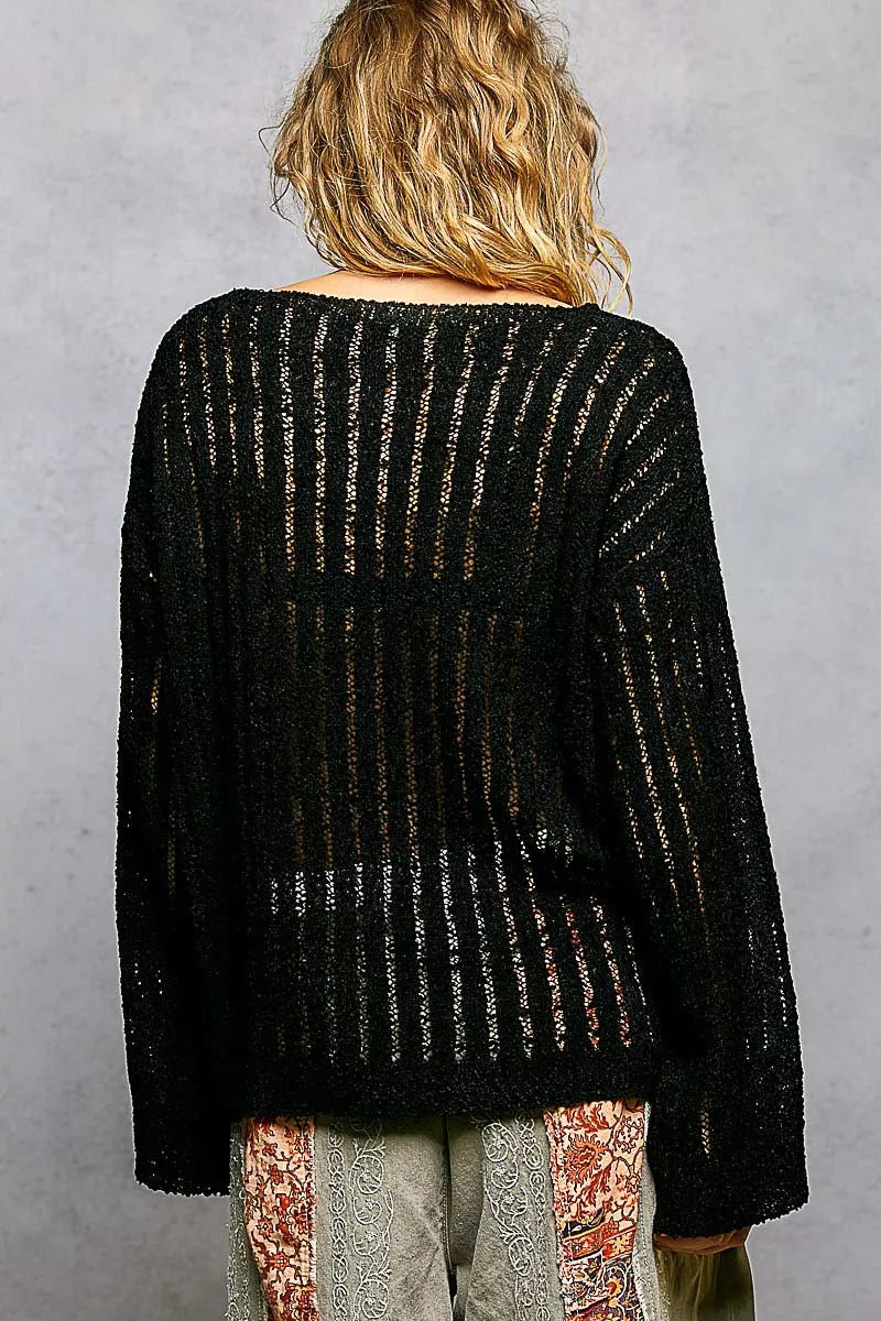 POL Round Neck Long Sleeve Open Weave Sweater - Che Cose Belle