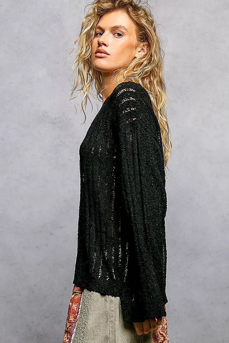 POL Round Neck Long Sleeve Open Weave Sweater - Che Cose Belle