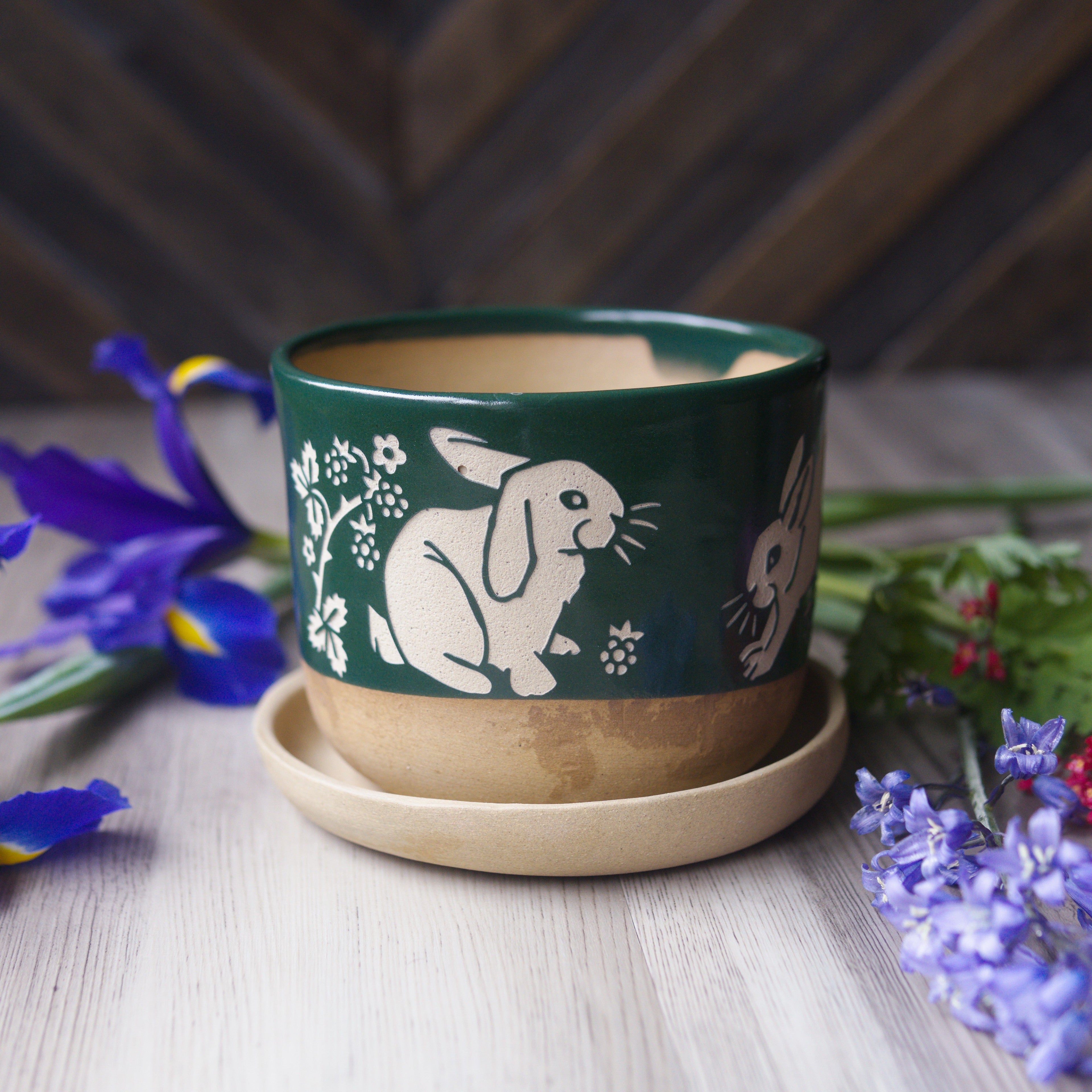 Rabbits Plant Pot, Farmhouse Style Planter with drainage + saucer
