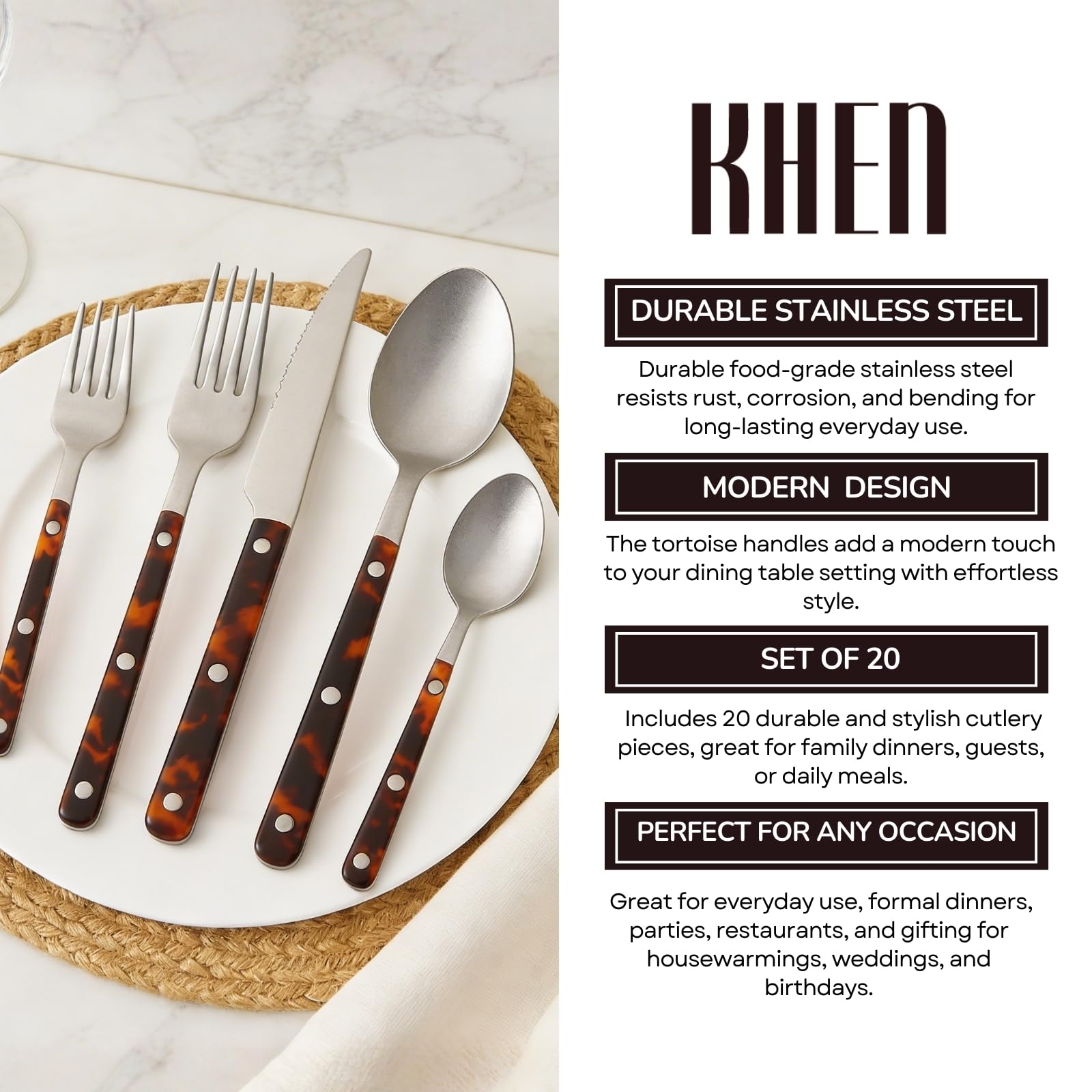Premium Stainless Steel Flatware Set, 20 Piece Tortoise - Che Cose Belle