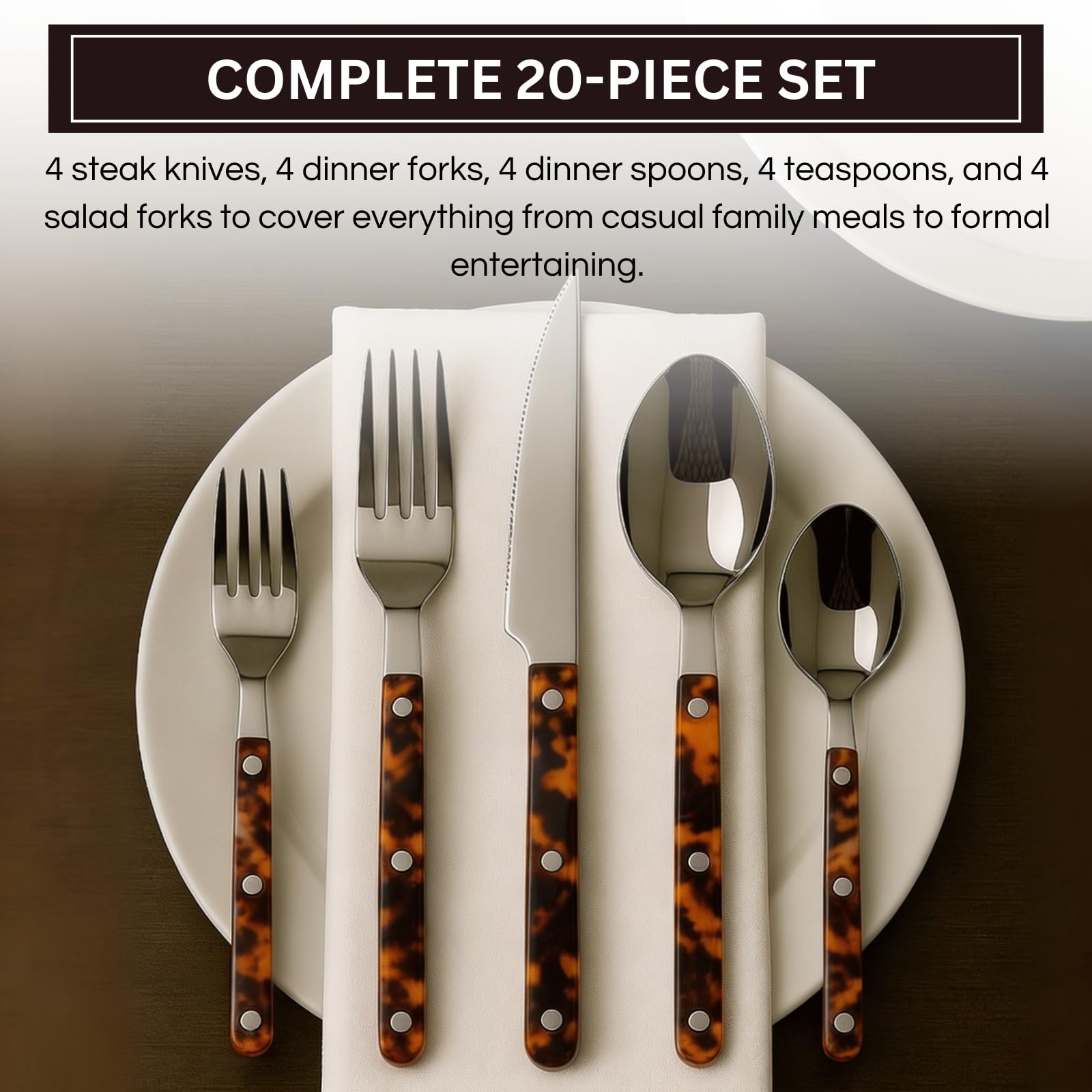 Premium Stainless Steel Flatware Set, 20 Piece Tortoise - Che Cose Belle