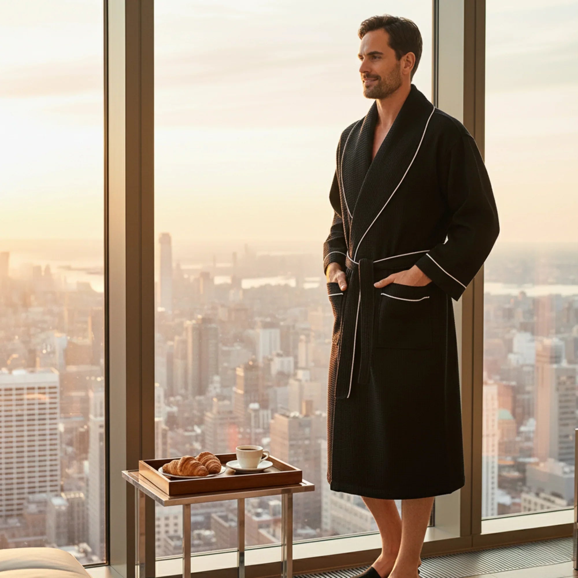 Premium Waffle Piping Robe for Men - Che Cose Belle