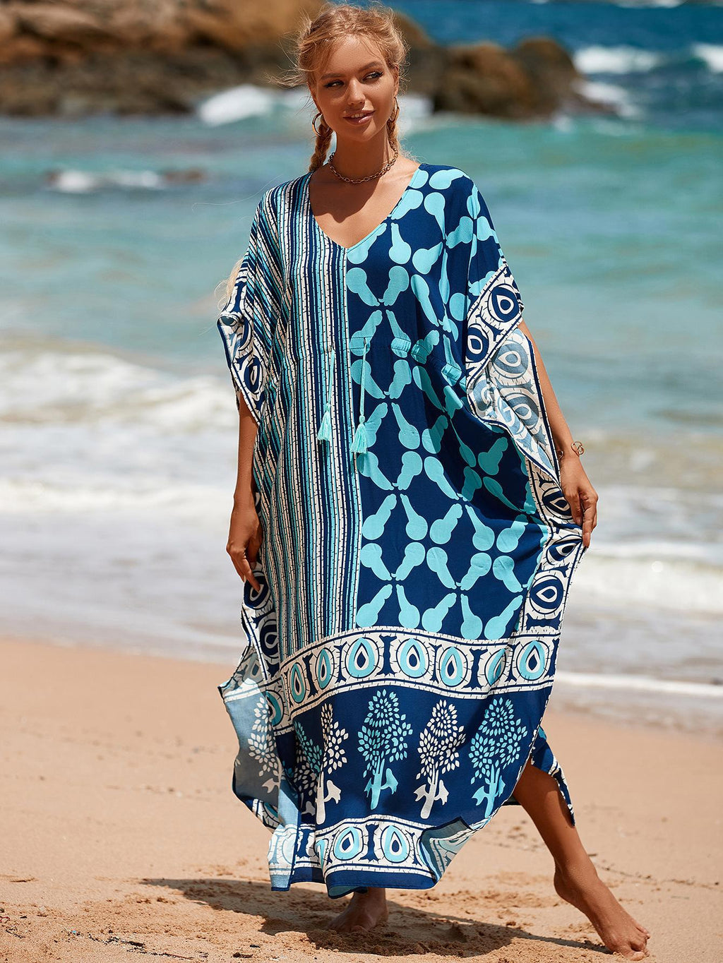 Printed Beach Cover-Up Maxi Dress ¨C Vacation Bikini Kimono, Sun Protection Long Dress - Che Cose Belle