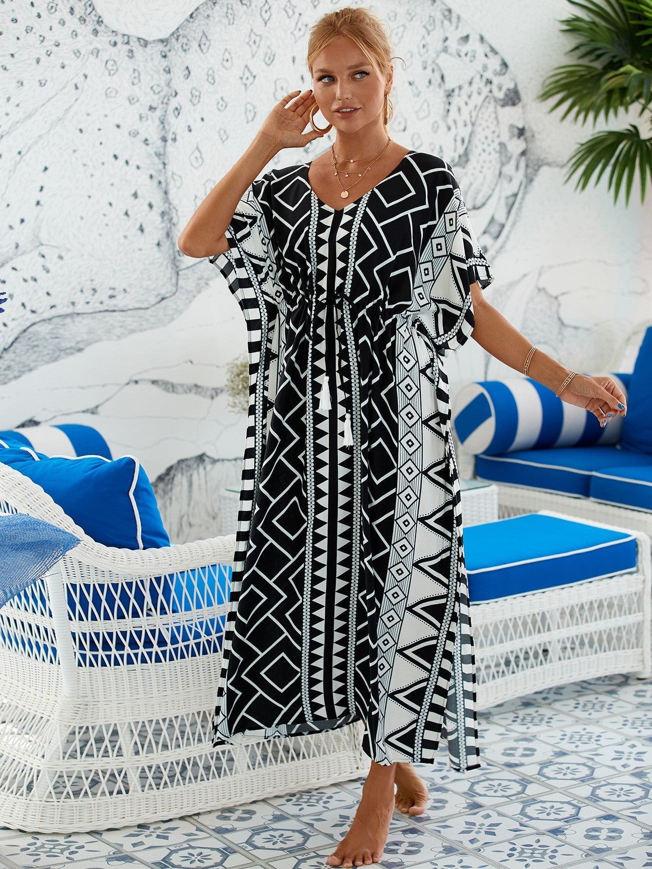 Printed Beach Cover-Up Maxi Dress ¨C Vacation Bikini Kimono, Sun Protection Long Dress - Che Cose Belle
