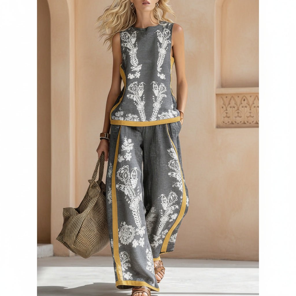 Printed Retro Sleeveless Top & Wide-Leg Pants Set | 12 Prints S–5XL - Che Cose Belle
