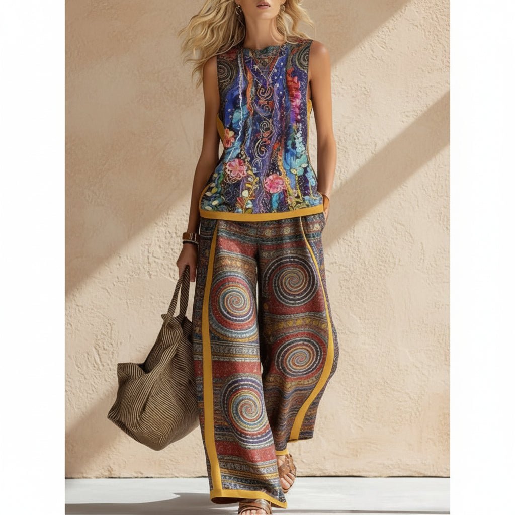 Printed Retro Sleeveless Top & Wide-Leg Pants Set | 12 Prints S–5XL - Che Cose Belle