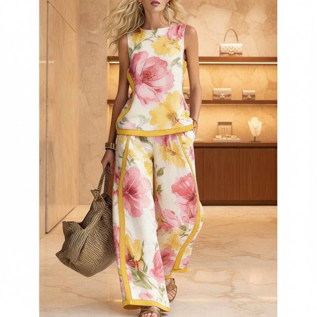 Printed Retro Sleeveless Top & Wide-Leg Pants Set | 12 Prints S–5XL - Che Cose Belle