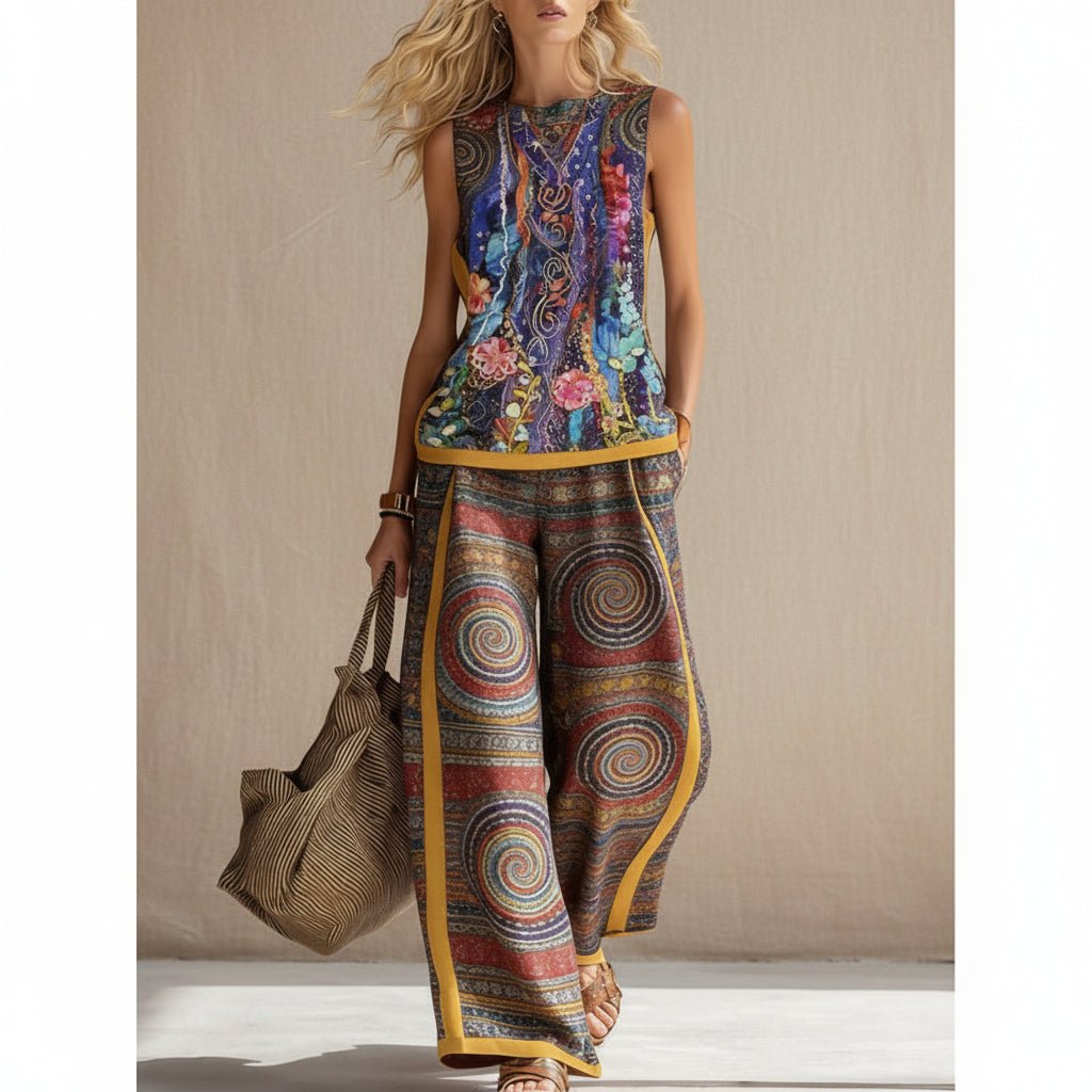 Printed Retro Sleeveless Top & Wide-Leg Pants Set | 12 Prints S–5XL - Che Cose Belle