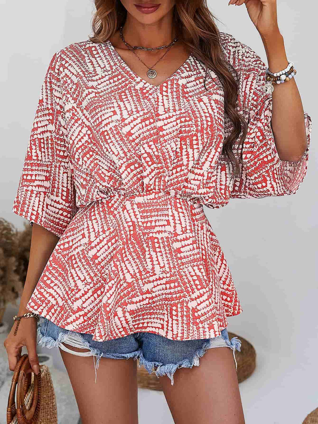 Printed V - Neck Dolman Sleeve Blouse - Che Cose Belle
