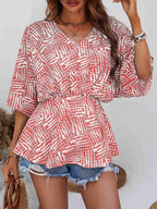 Printed V - Neck Dolman Sleeve Blouse - Che Cose Belle