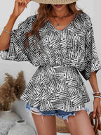 Printed V - Neck Dolman Sleeve Blouse - Che Cose Belle