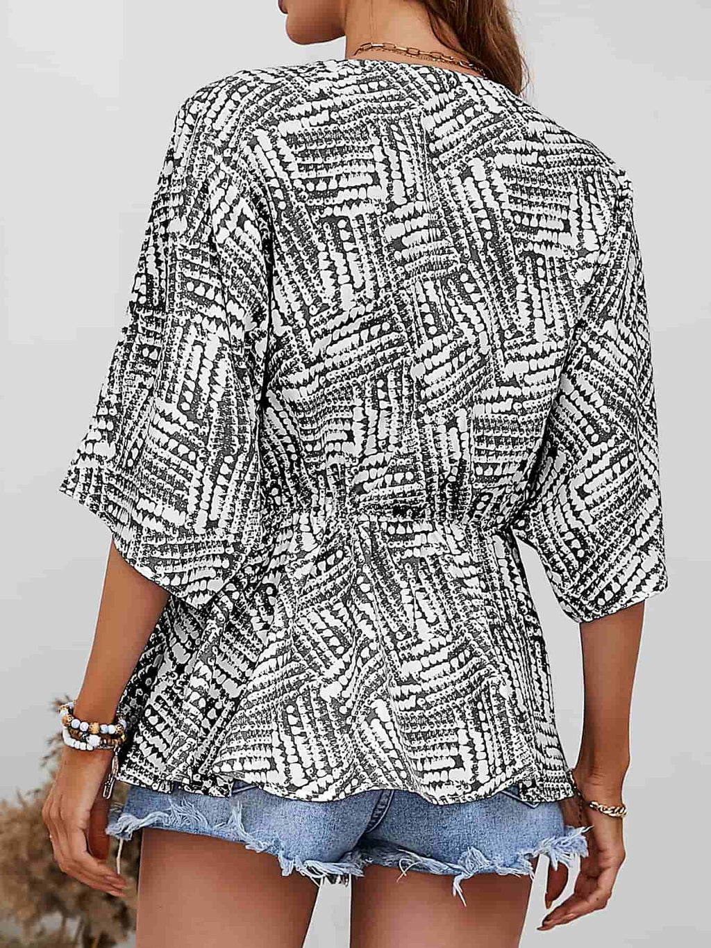 Printed V - Neck Dolman Sleeve Blouse - Che Cose Belle