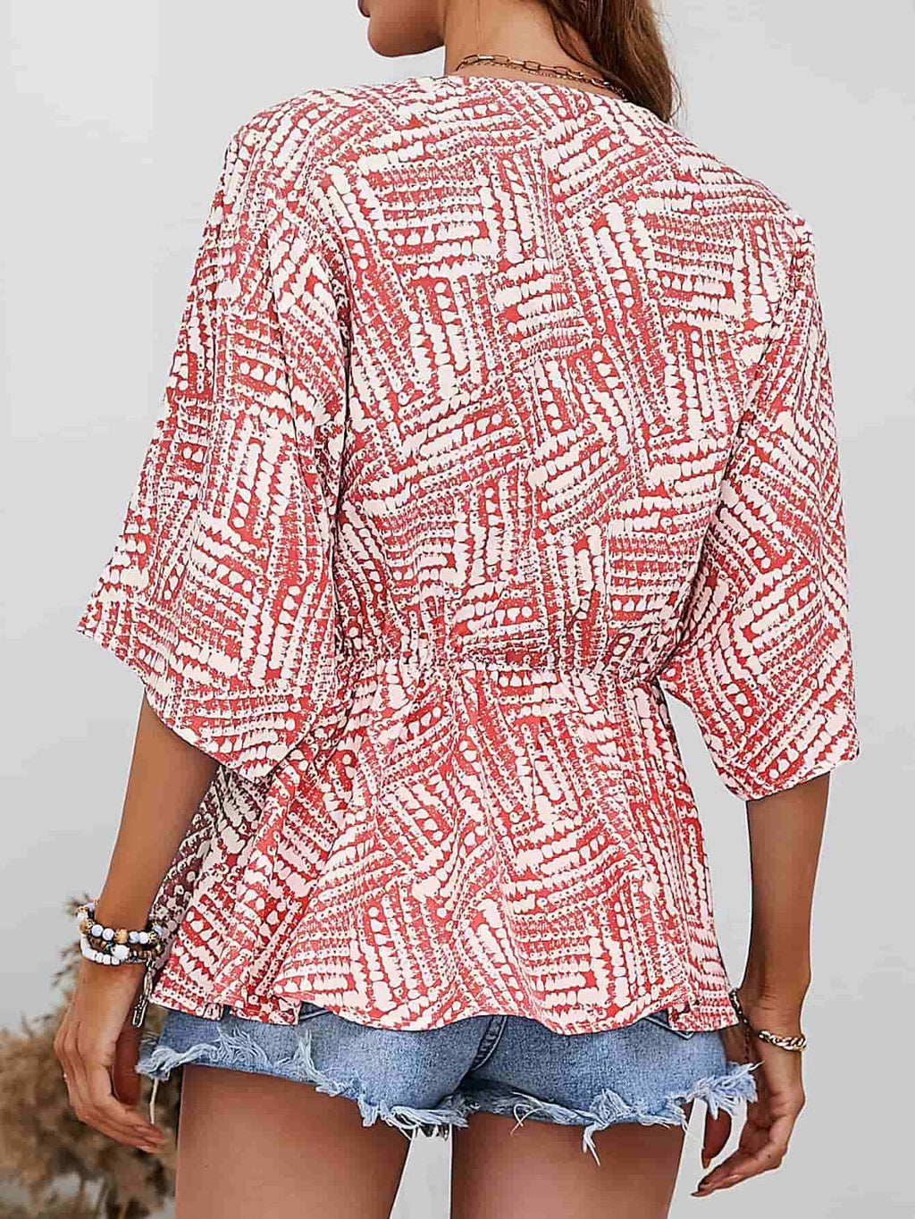 Printed V - Neck Dolman Sleeve Blouse - Che Cose Belle