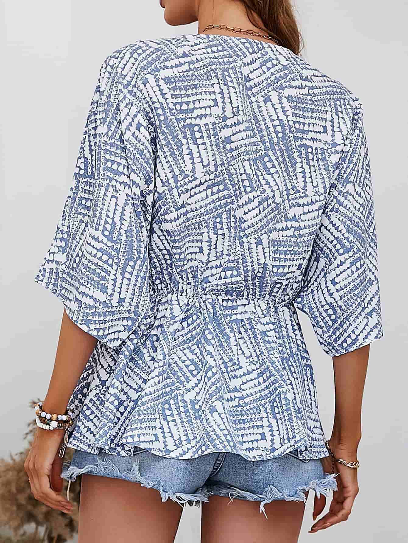Printed V - Neck Dolman Sleeve Blouse - Che Cose Belle
