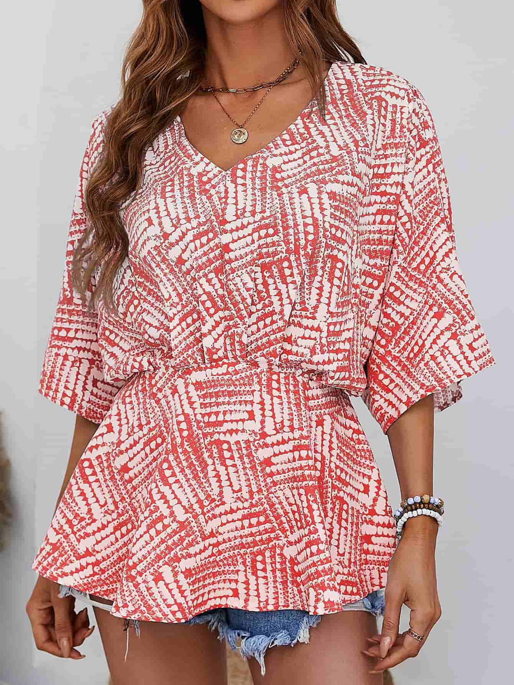Printed V - Neck Dolman Sleeve Blouse - Che Cose Belle