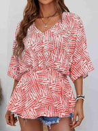 Printed V - Neck Dolman Sleeve Blouse - Che Cose Belle