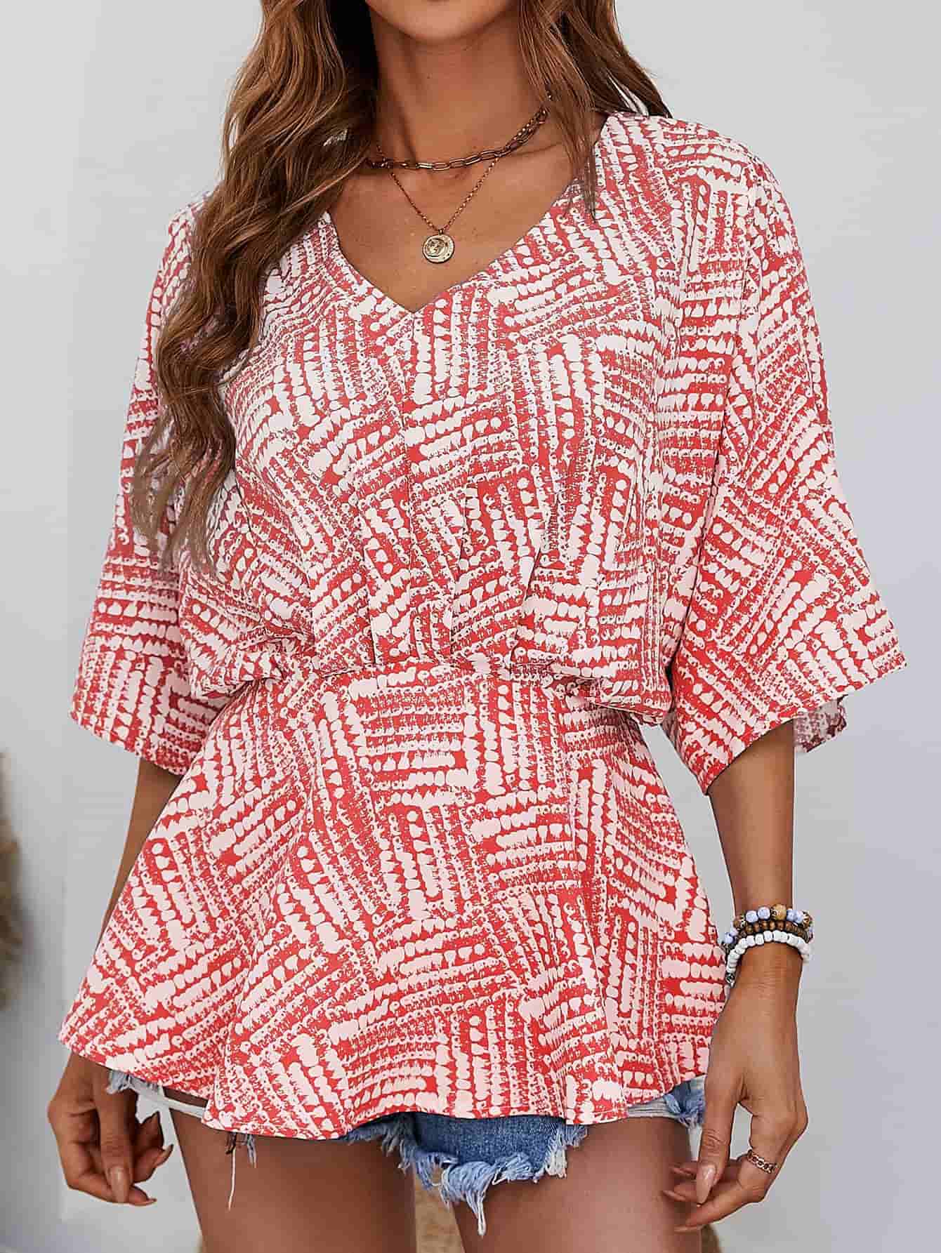 Printed V - Neck Dolman Sleeve Blouse - Che Cose Belle