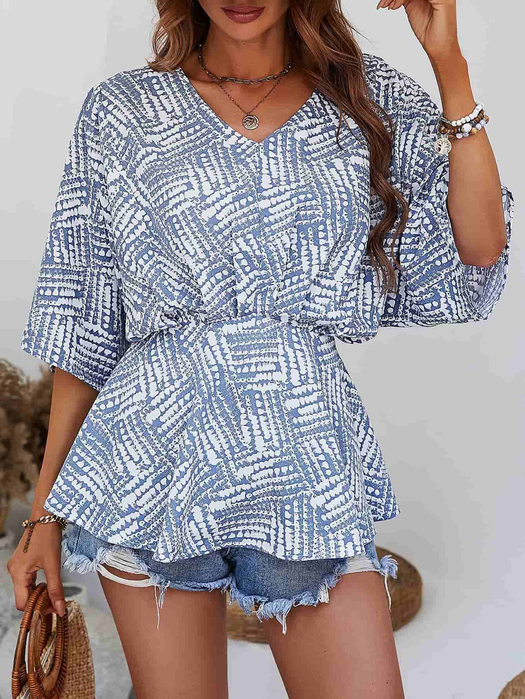 Printed V - Neck Dolman Sleeve Blouse - Che Cose Belle