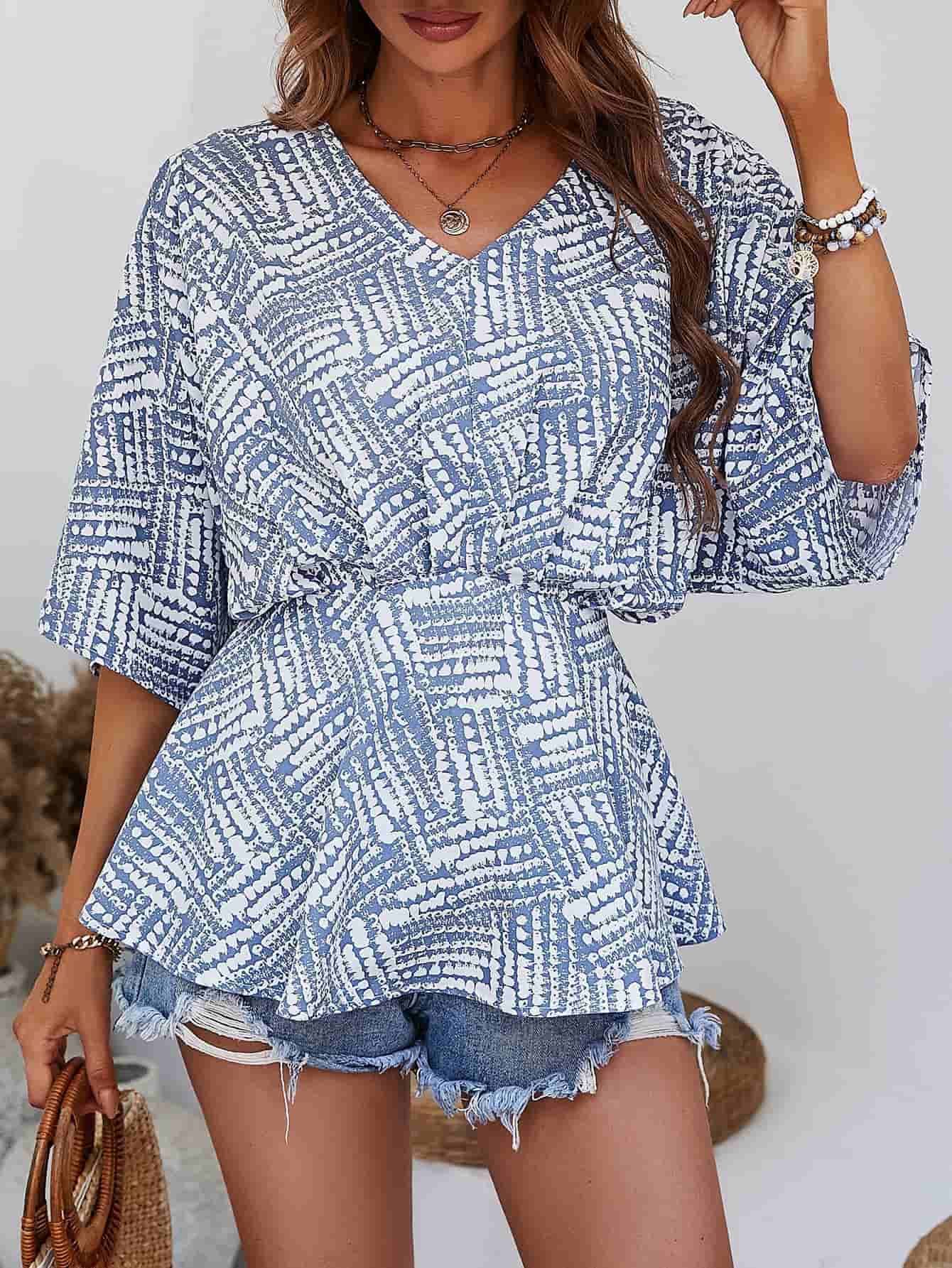 Printed V - Neck Dolman Sleeve Blouse - Che Cose Belle