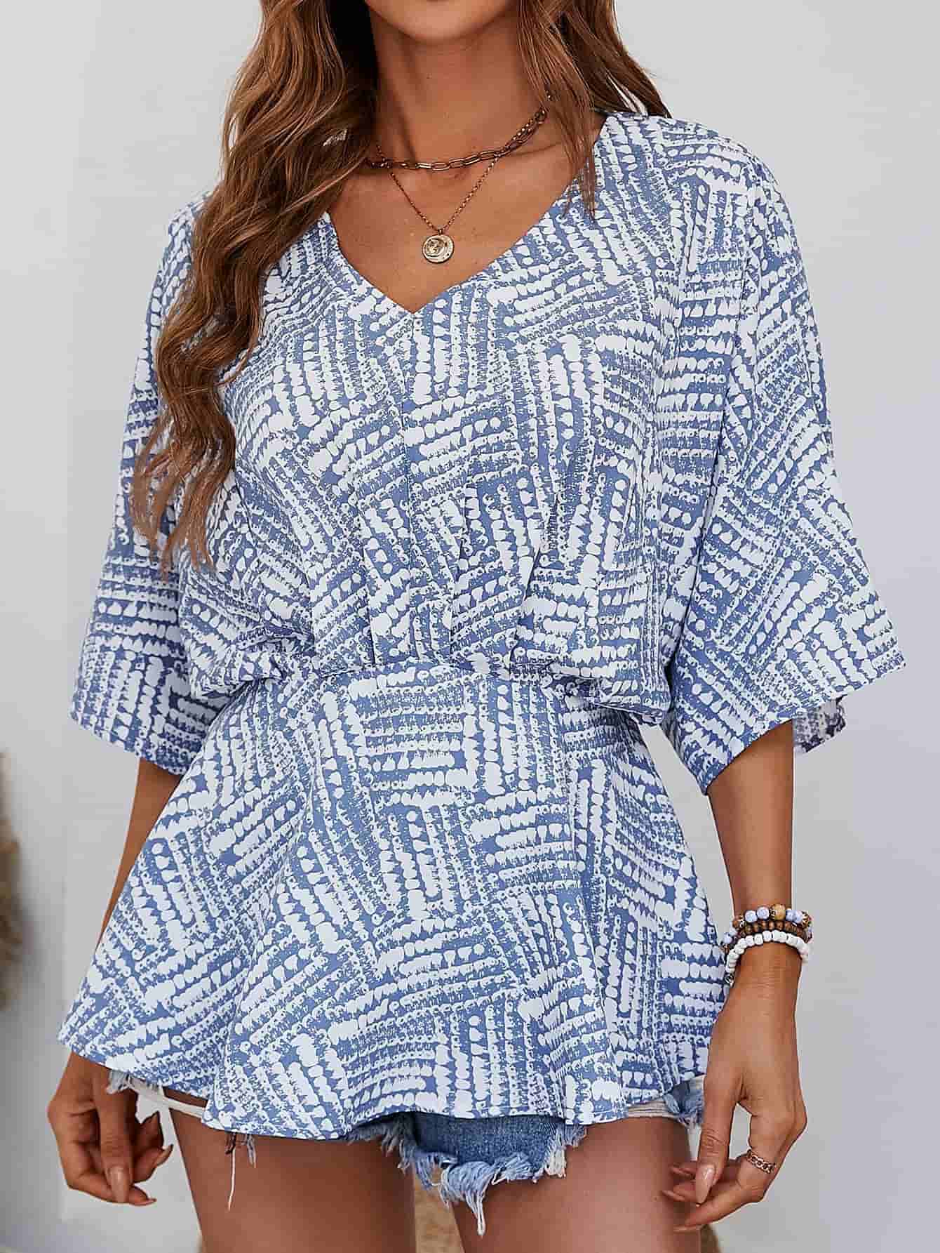 Printed V - Neck Dolman Sleeve Blouse - Che Cose Belle