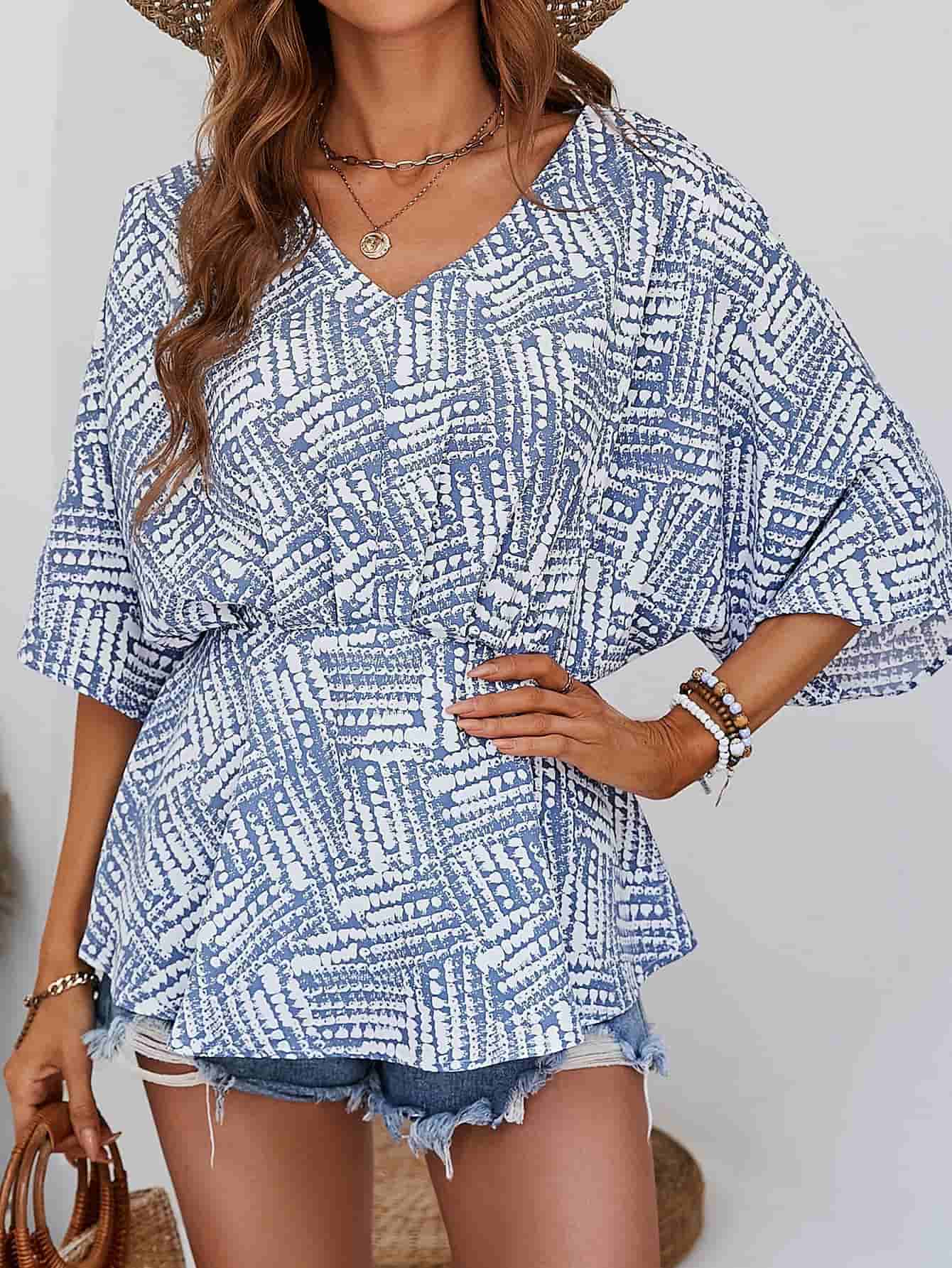 Printed V - Neck Dolman Sleeve Blouse - Che Cose Belle