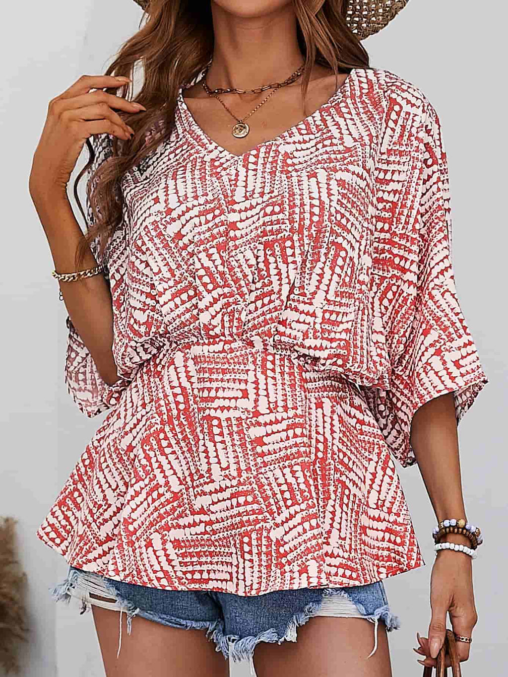 Printed V - Neck Dolman Sleeve Blouse - Che Cose Belle