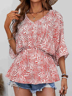 Printed V - Neck Dolman Sleeve Blouse - Che Cose Belle