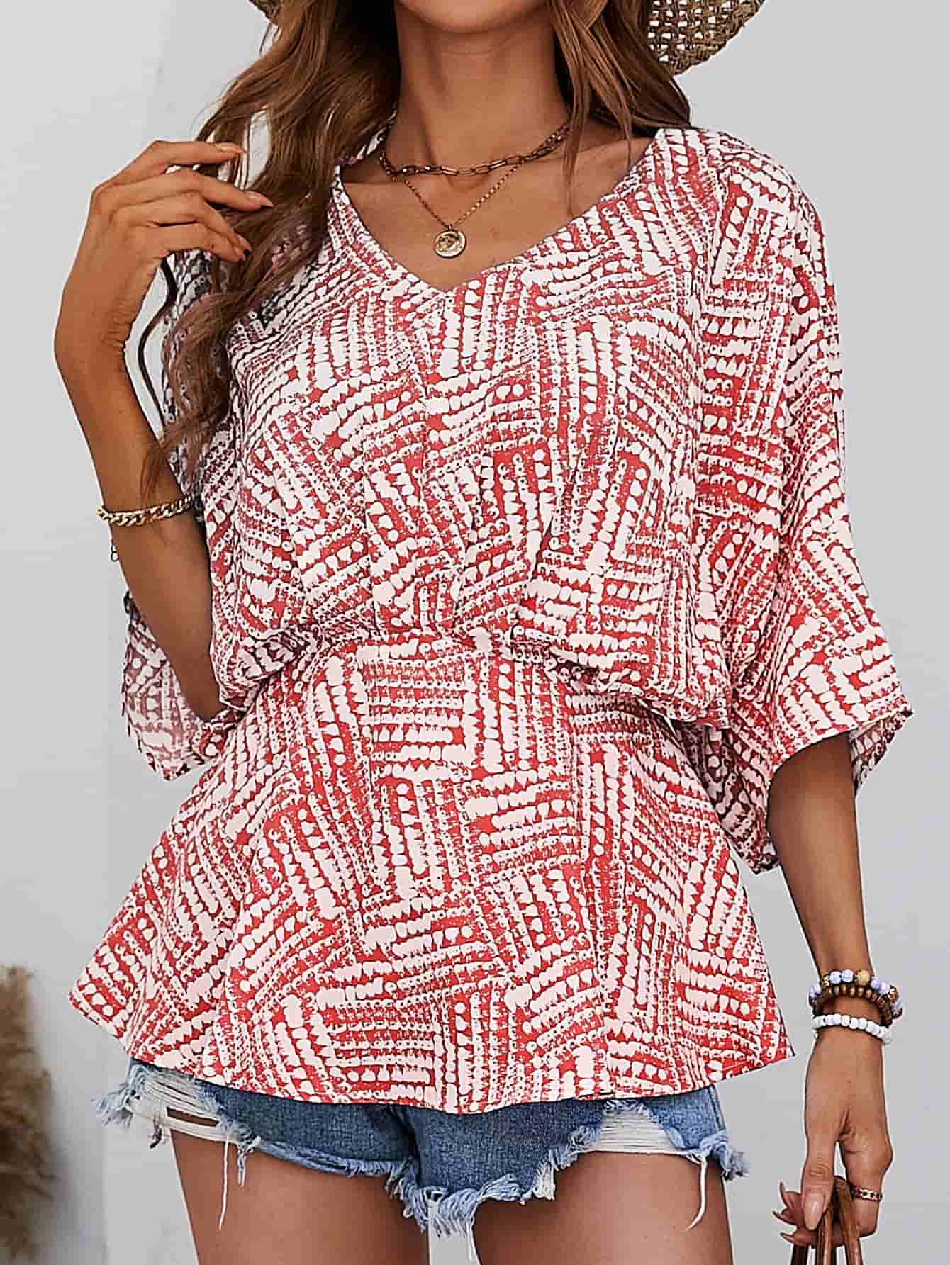 Printed V - Neck Dolman Sleeve Blouse - Che Cose Belle