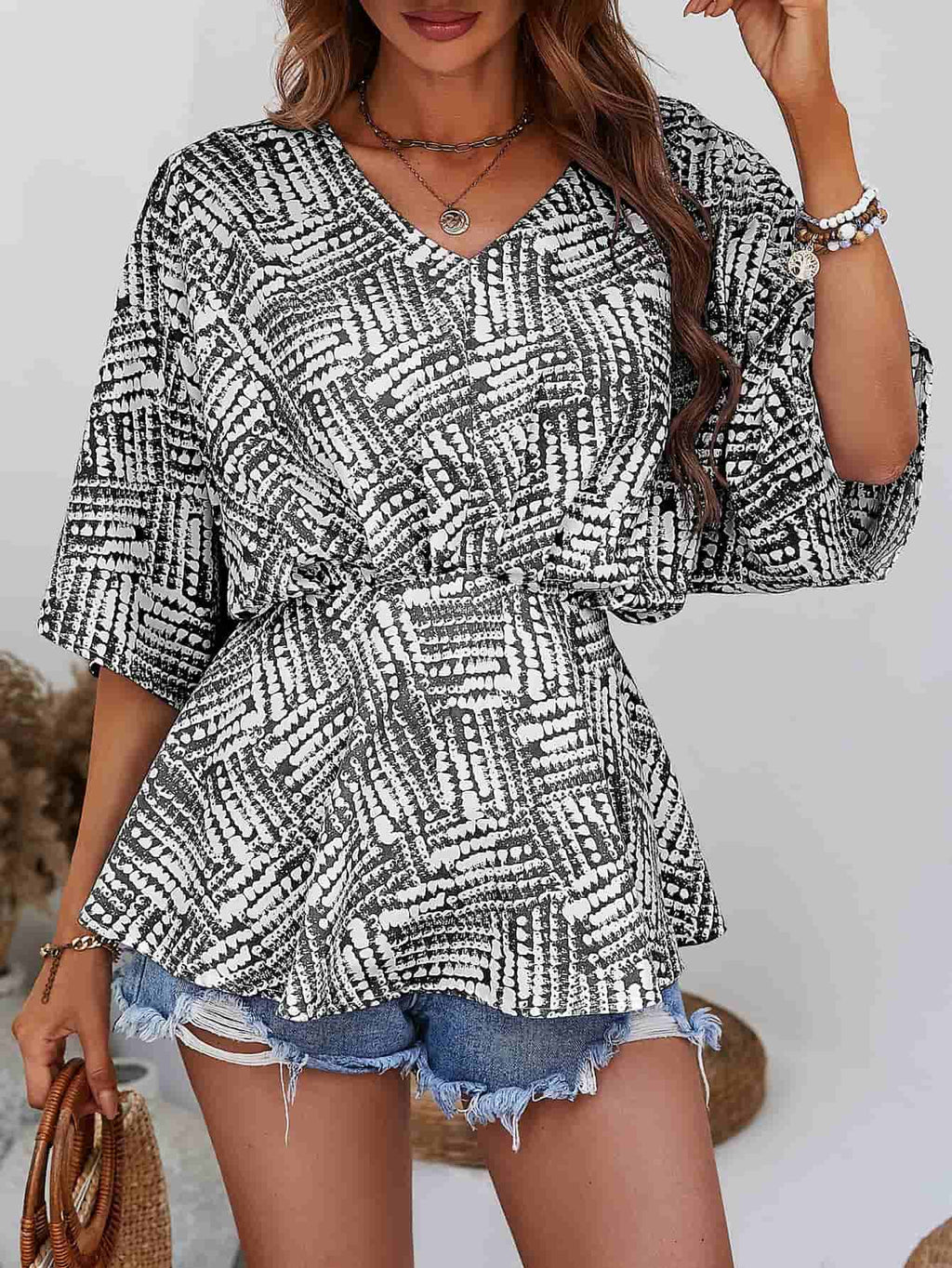 Printed V - Neck Dolman Sleeve Blouse - Che Cose Belle